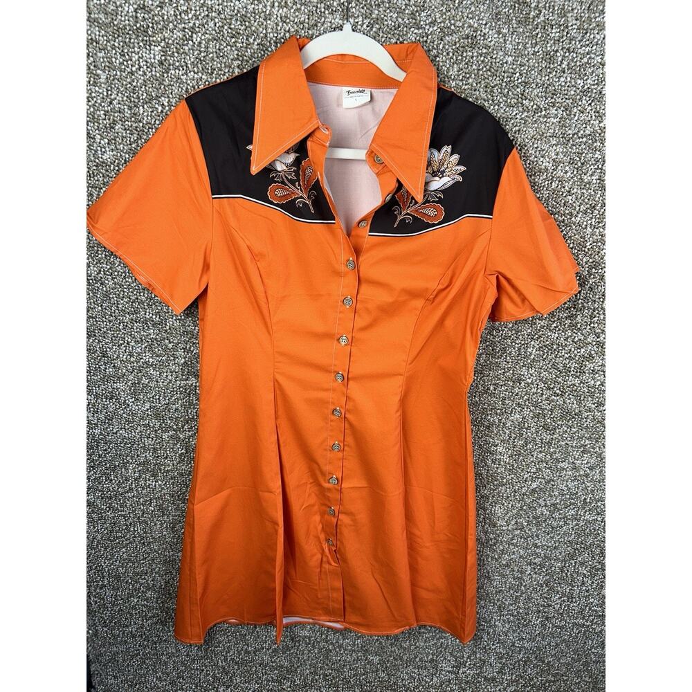 BoozeLele Western Dress Orange Floral Sz Large 100% cotton Button Rockabilly